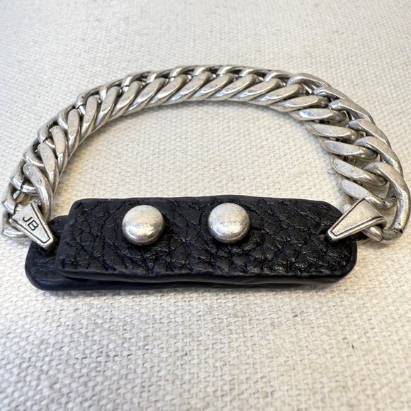 Chunky Chain & Leather Bracelet Signed JB Silver-Tone Black Biker Punk Grunge